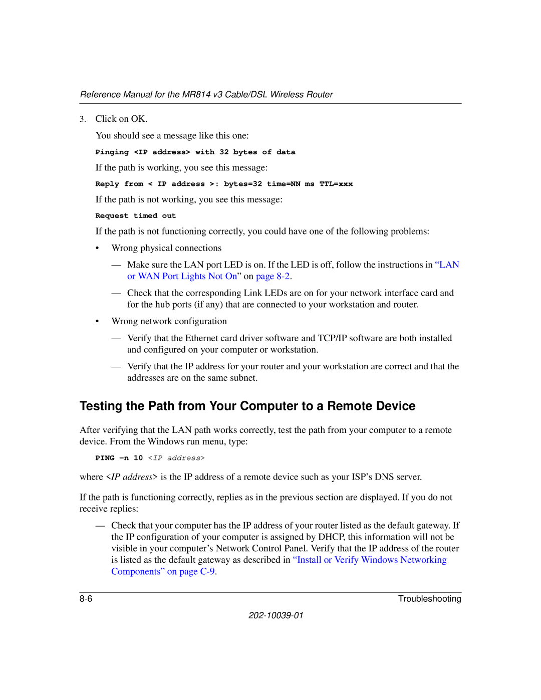 NETGEAR MR814 v3 manual Testing the Path from Your Computer to a Remote Device 