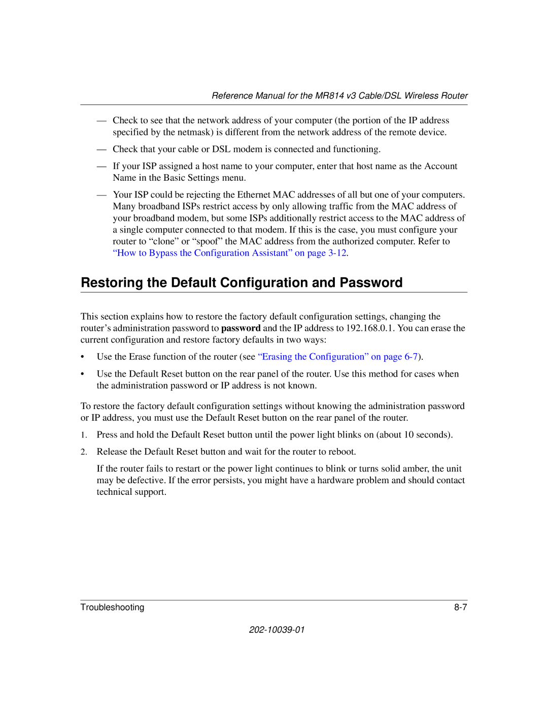 NETGEAR MR814 v3 manual Restoring the Default Configuration and Password 