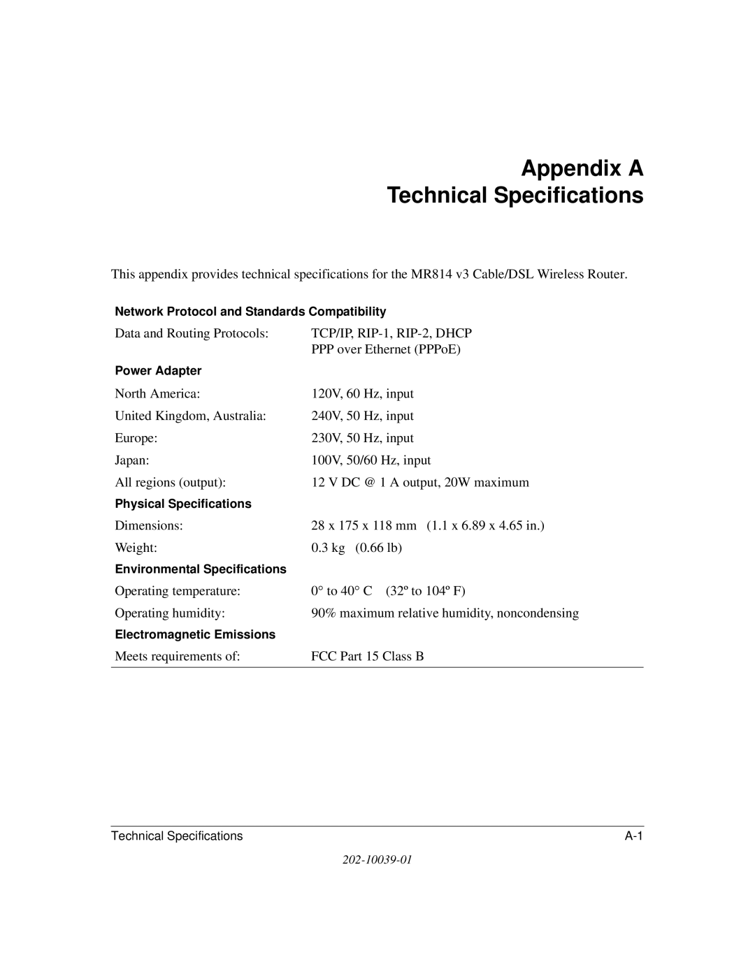 NETGEAR MR814 v3 manual Appendix a Technical Specifications 