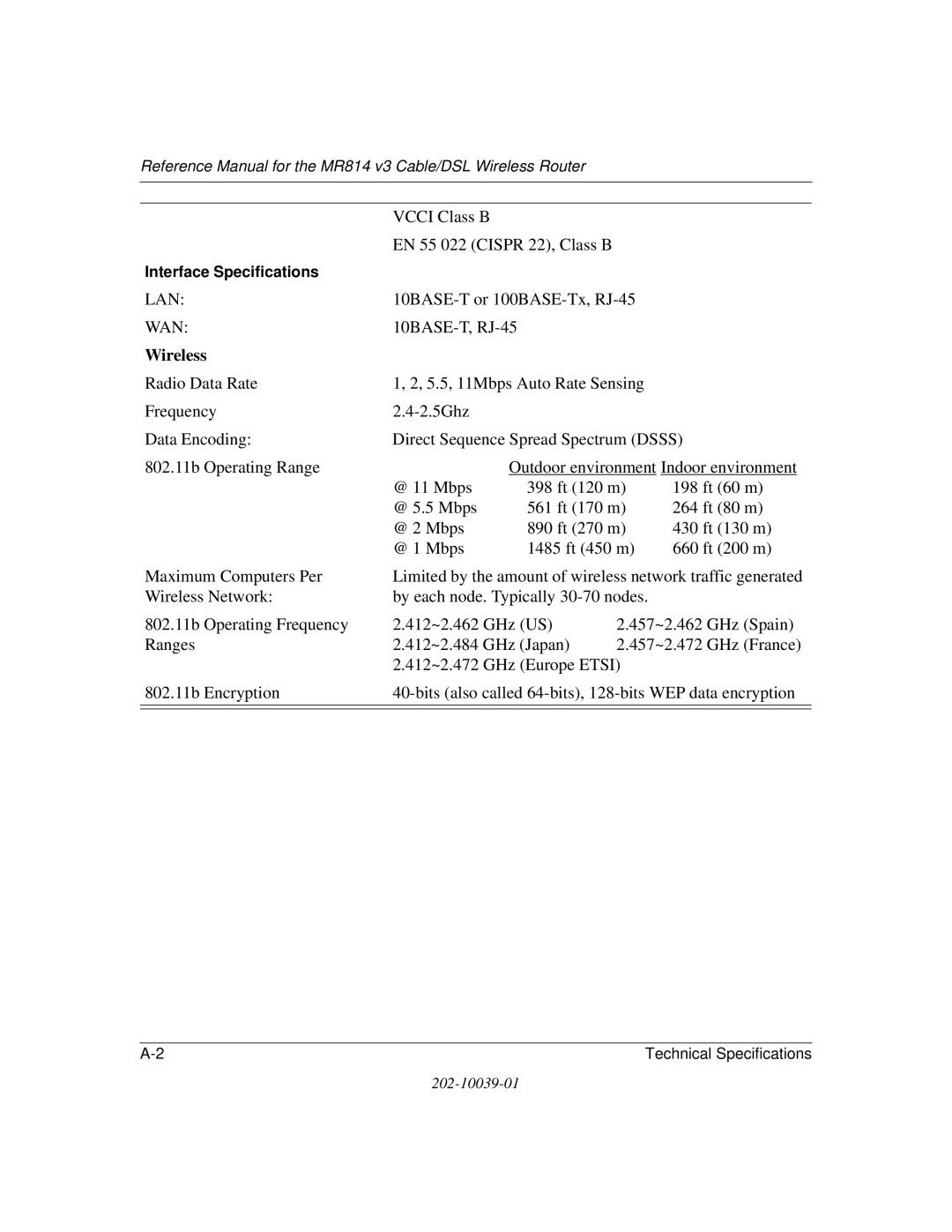 NETGEAR MR814 v3 manual Wireless, Interface Specifications 