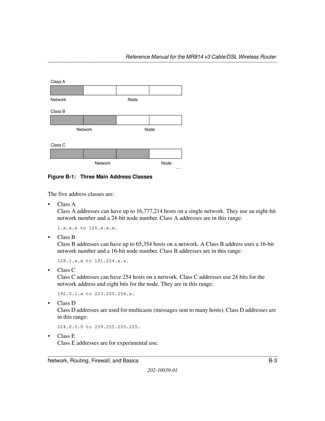 NETGEAR MR814 v3 manual Class E Class E addresses are for experimental use 