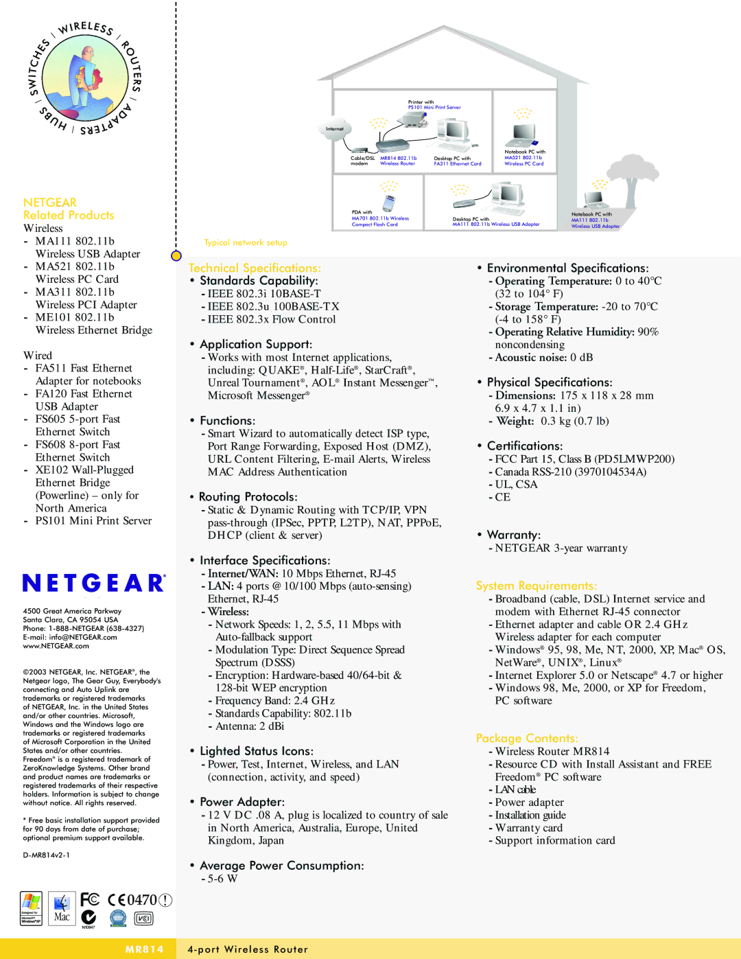 NETGEAR MR814 warranty Related Products, Technical Specifications, System Requirements, Package Contents 