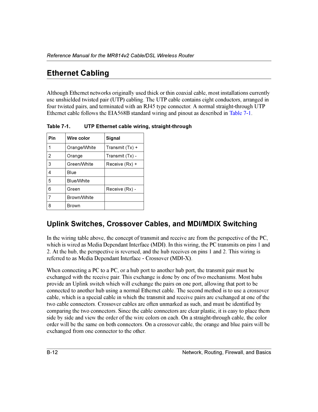 NETGEAR MR814v2 manual Ethernet Cabling, Uplink Switches, Crossover Cables, and MDI/MDIX Switching 