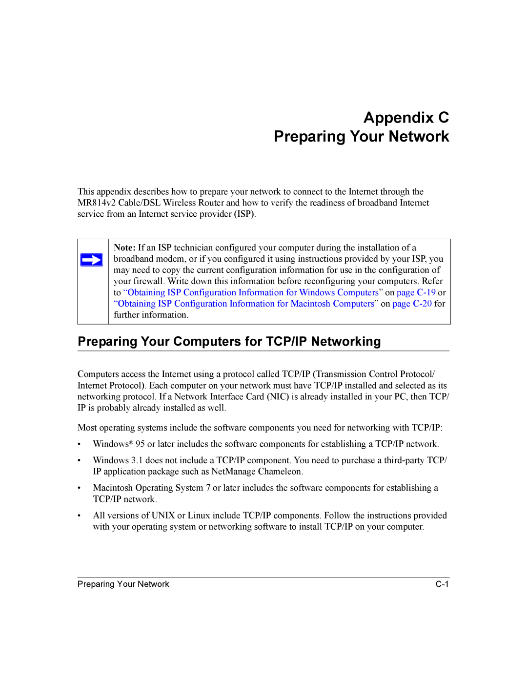 NETGEAR MR814v2 manual Appendix C Preparing Your Network, Preparing Your Computers for TCP/IP Networking 