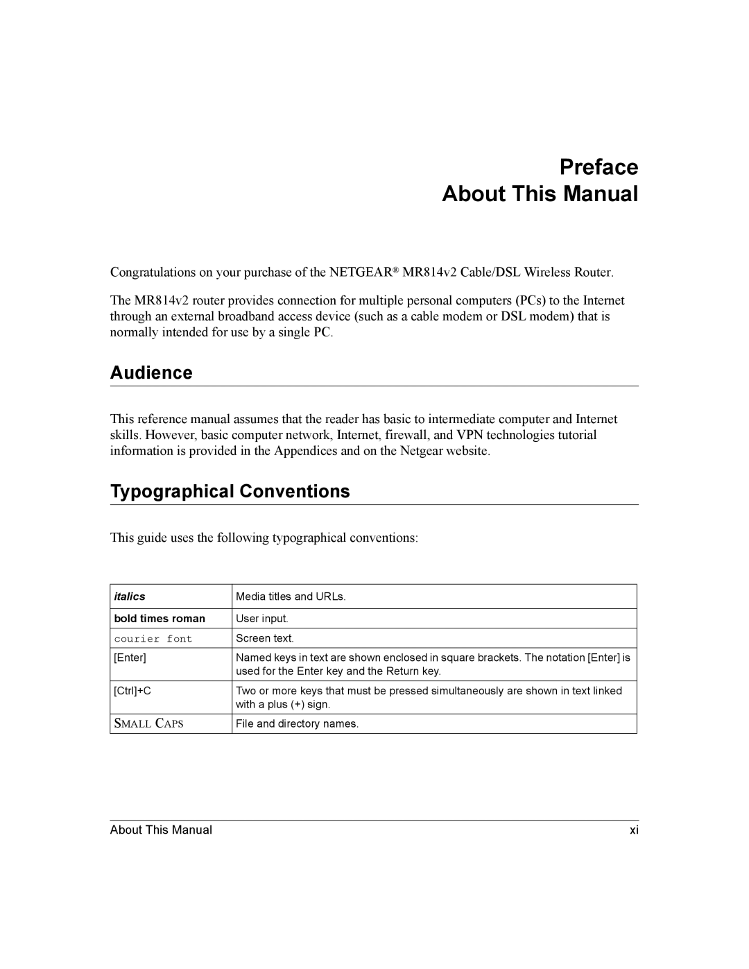 NETGEAR MR814v2 manual Preface About This Manual, Audience, Typographical Conventions 