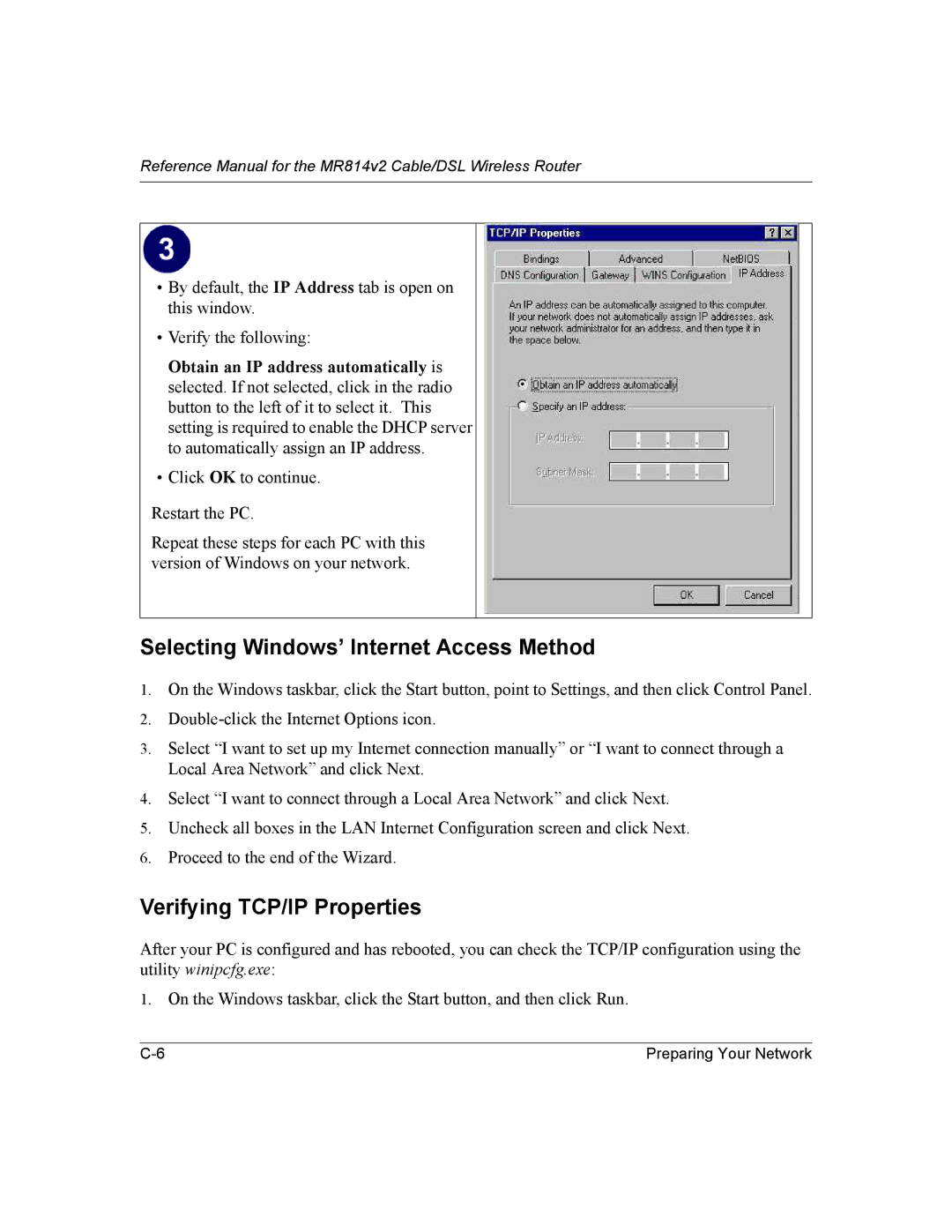 NETGEAR MR814v2 manual Selecting Windows’ Internet Access Method, Verifying TCP/IP Properties 