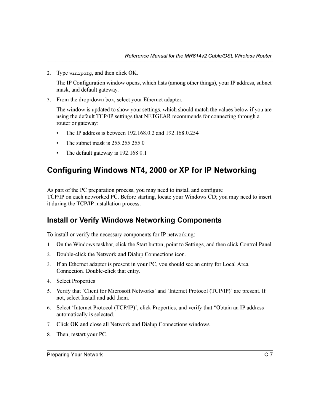 NETGEAR MR814v2 Configuring Windows NT4, 2000 or XP for IP Networking, Install or Verify Windows Networking Components 