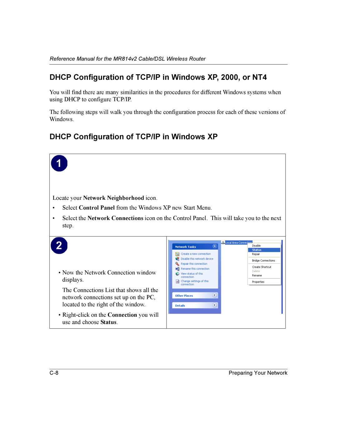 NETGEAR MR814v2 manual Dhcp Configuration of TCP/IP in Windows XP, 2000, or NT4 