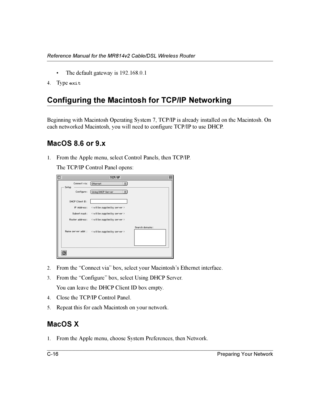 NETGEAR MR814v2 manual Configuring the Macintosh for TCP/IP Networking, MacOS 8.6 or 