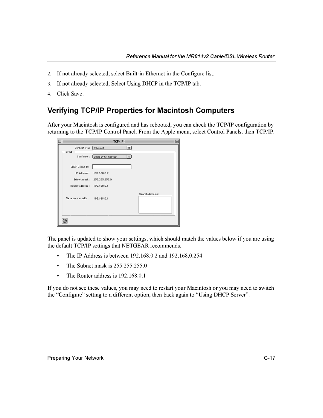 NETGEAR MR814v2 manual Verifying TCP/IP Properties for Macintosh Computers 