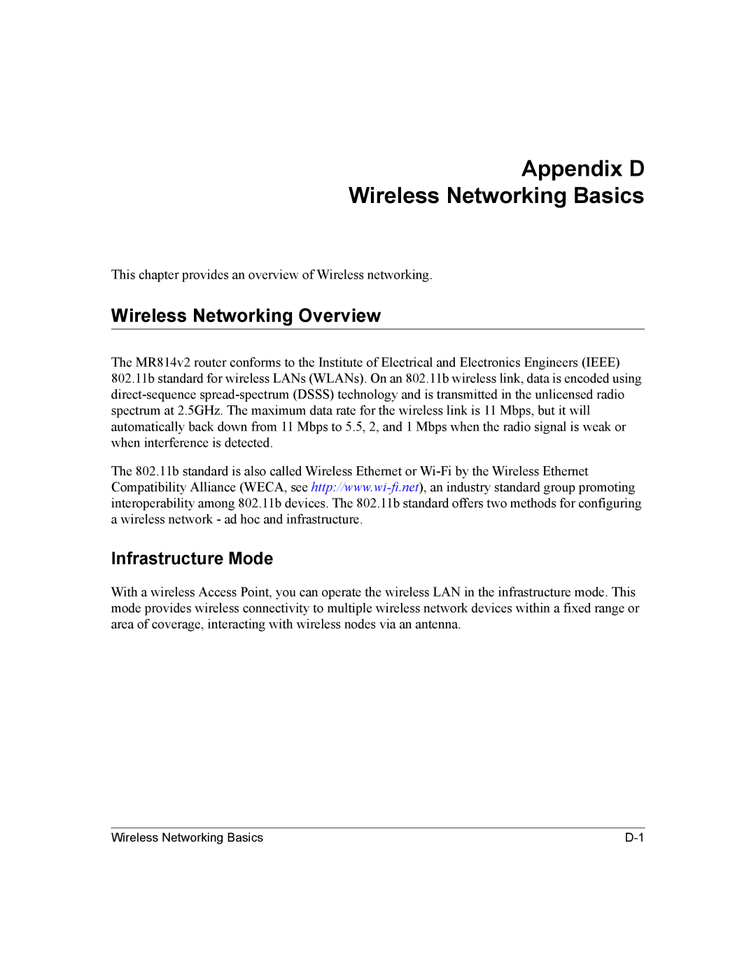 NETGEAR MR814v2 manual Appendix D Wireless Networking Basics, Wireless Networking Overview, Infrastructure Mode 