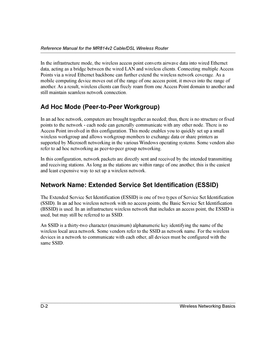 NETGEAR MR814v2 manual Ad Hoc Mode Peer-to-Peer Workgroup, Network Name Extended Service Set Identification Essid 