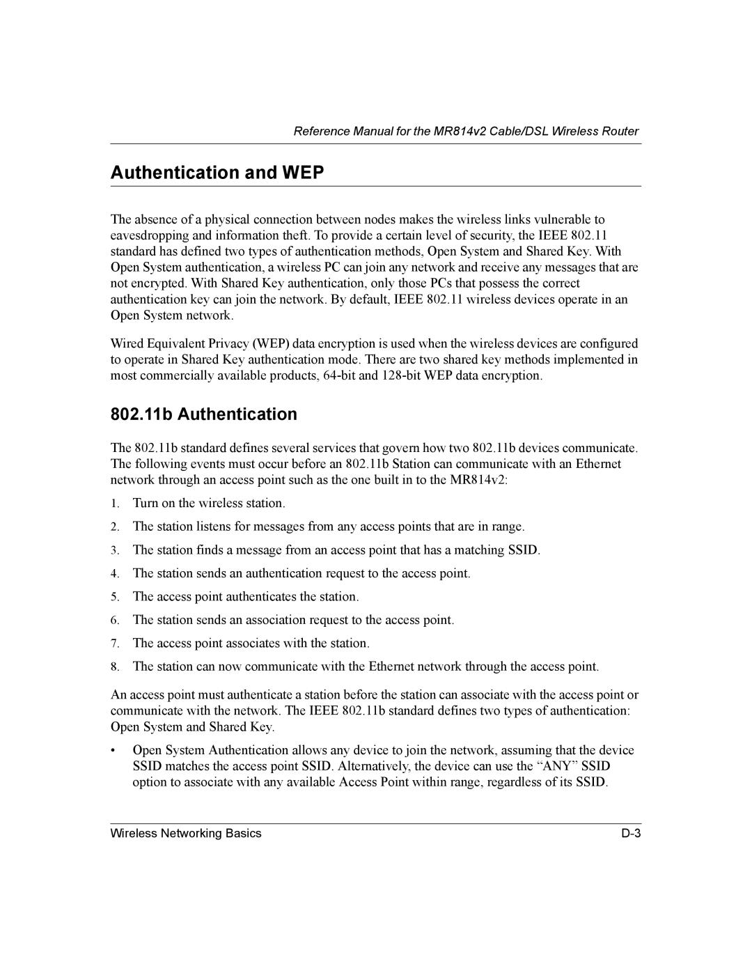 NETGEAR MR814v2 manual Authentication and WEP, 802.11b Authentication 