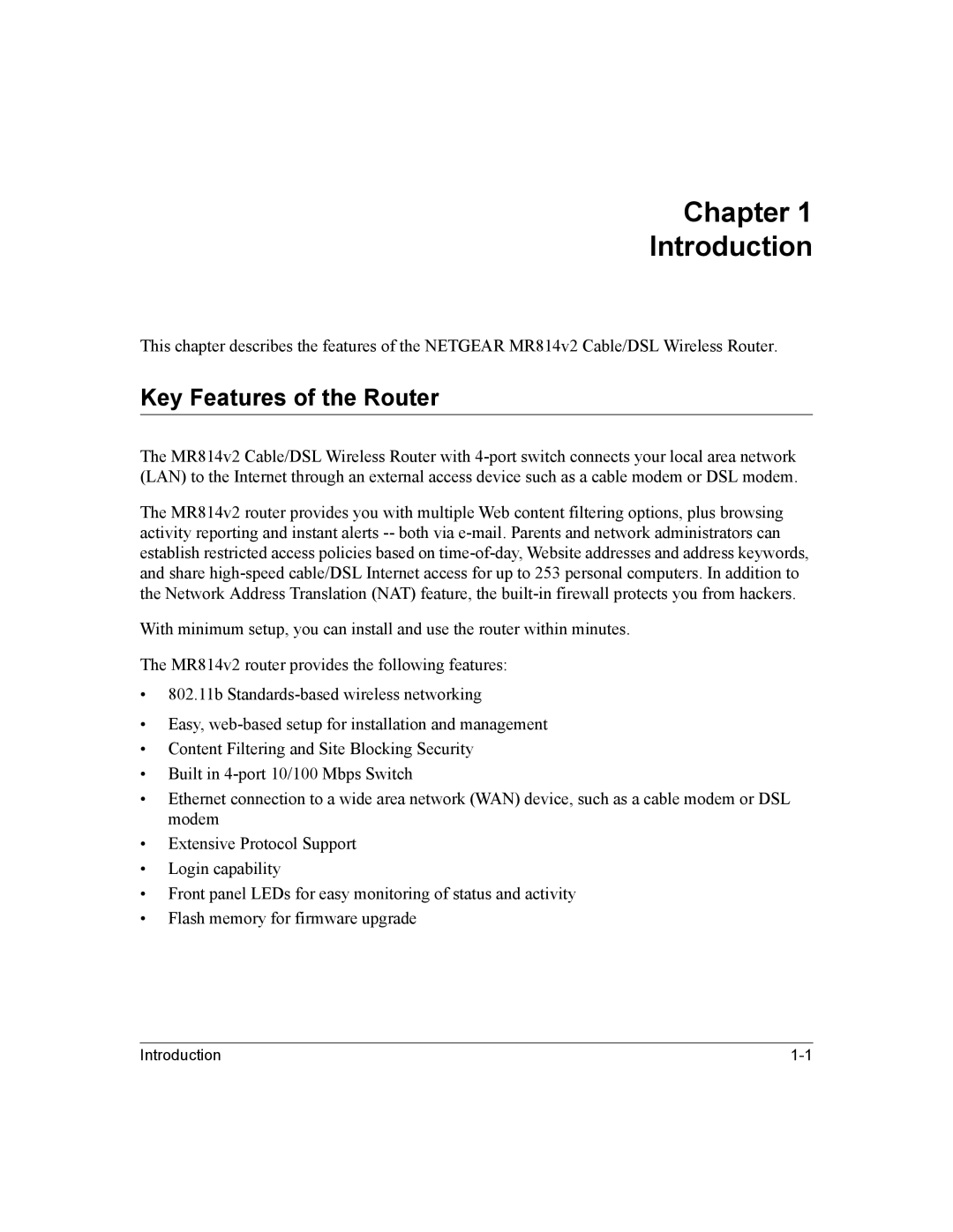 NETGEAR MR814v2 manual Chapter Introduction, Key Features of the Router 