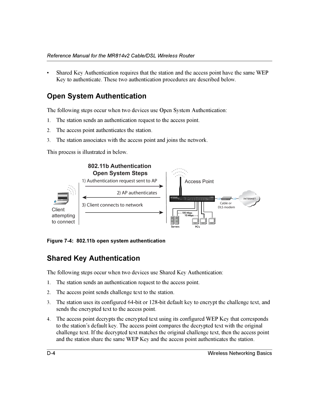 NETGEAR MR814v2 manual 802.11b Authentication Open System Steps 