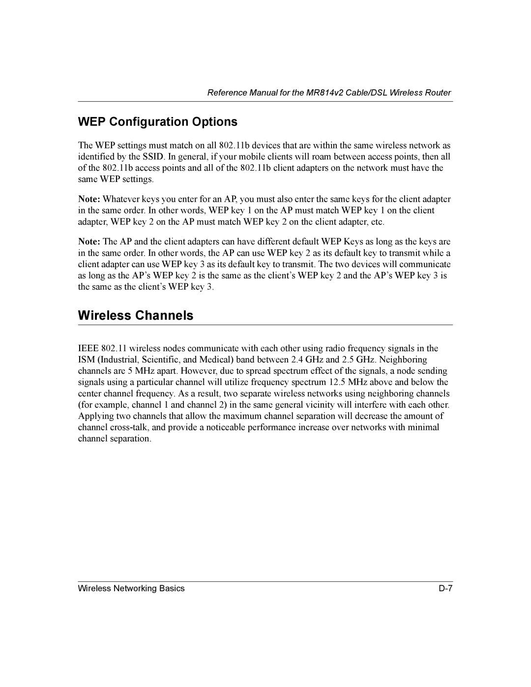 NETGEAR MR814v2 manual Wireless Channels, WEP Configuration Options 