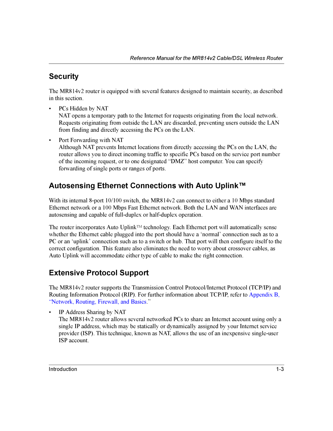 NETGEAR MR814v2 manual Security, Autosensing Ethernet Connections with Auto Uplink, Extensive Protocol Support 