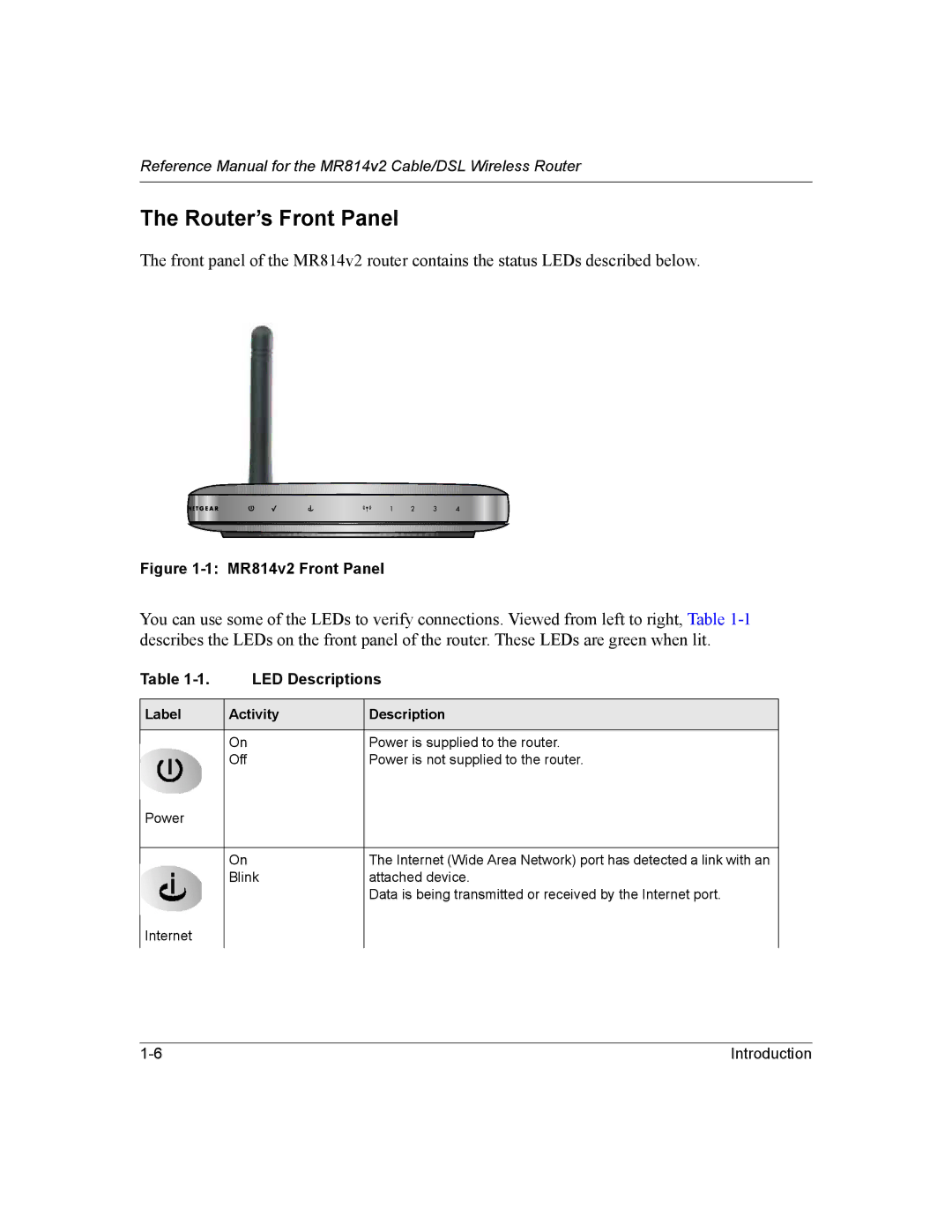 NETGEAR MR814v2 manual Router’s Front Panel, LED Descriptions 