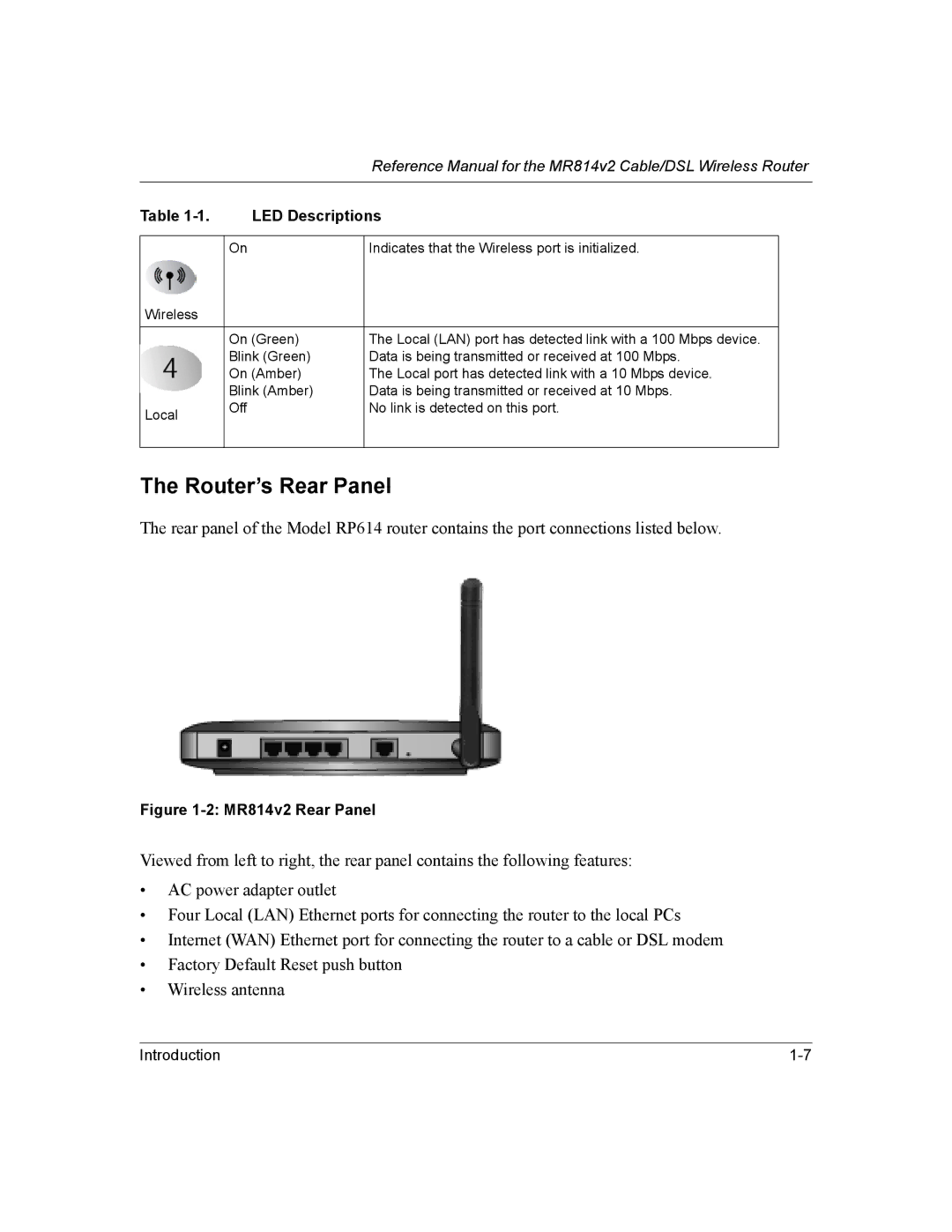 NETGEAR manual Router’s Rear Panel, MR814v2 Rear Panel 