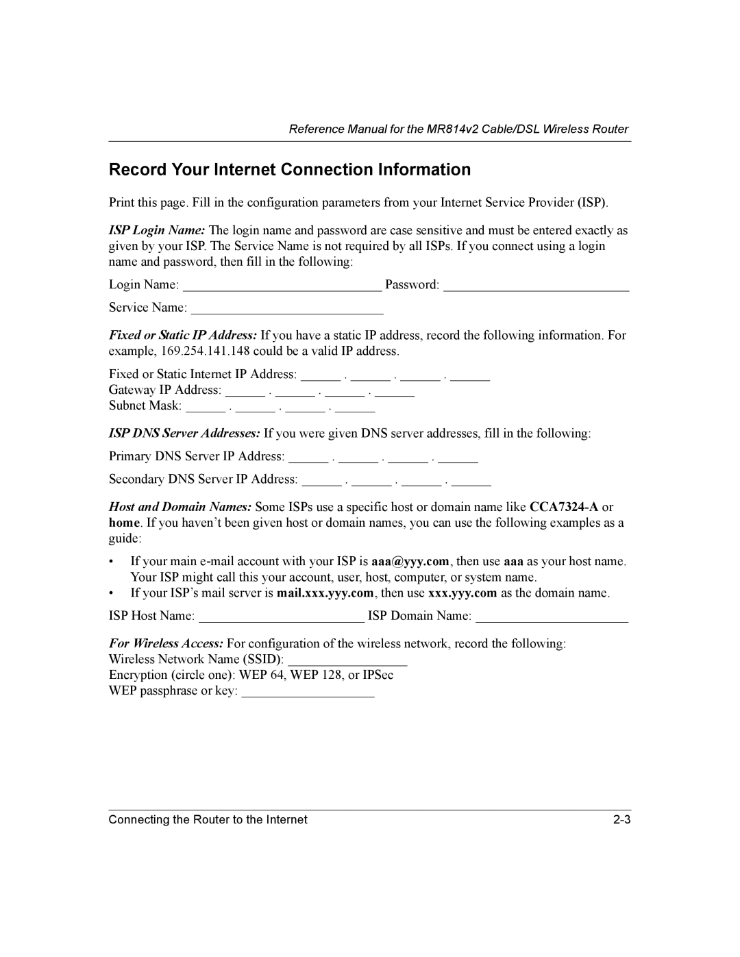 NETGEAR MR814v2 manual Record Your Internet Connection Information 