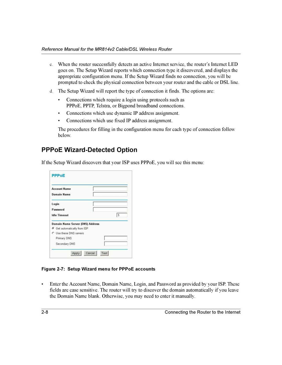 NETGEAR MR814v2 manual PPPoE Wizard-Detected Option, Setup Wizard menu for PPPoE accounts 