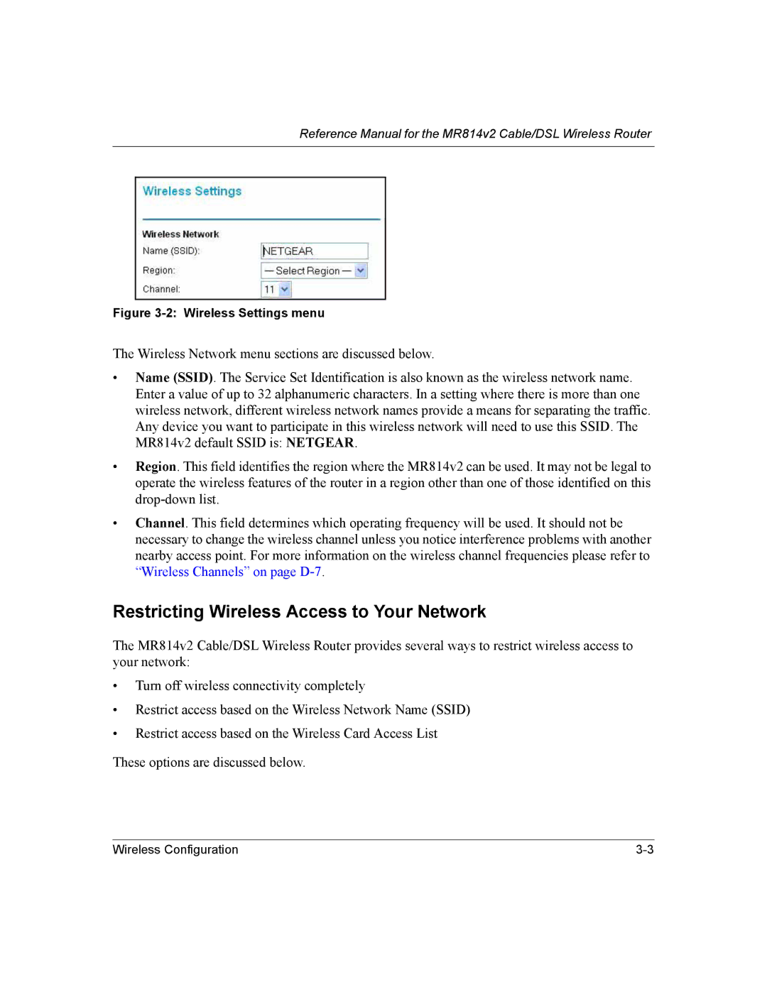 NETGEAR MR814v2 manual Restricting Wireless Access to Your Network, Wireless Settings menu 