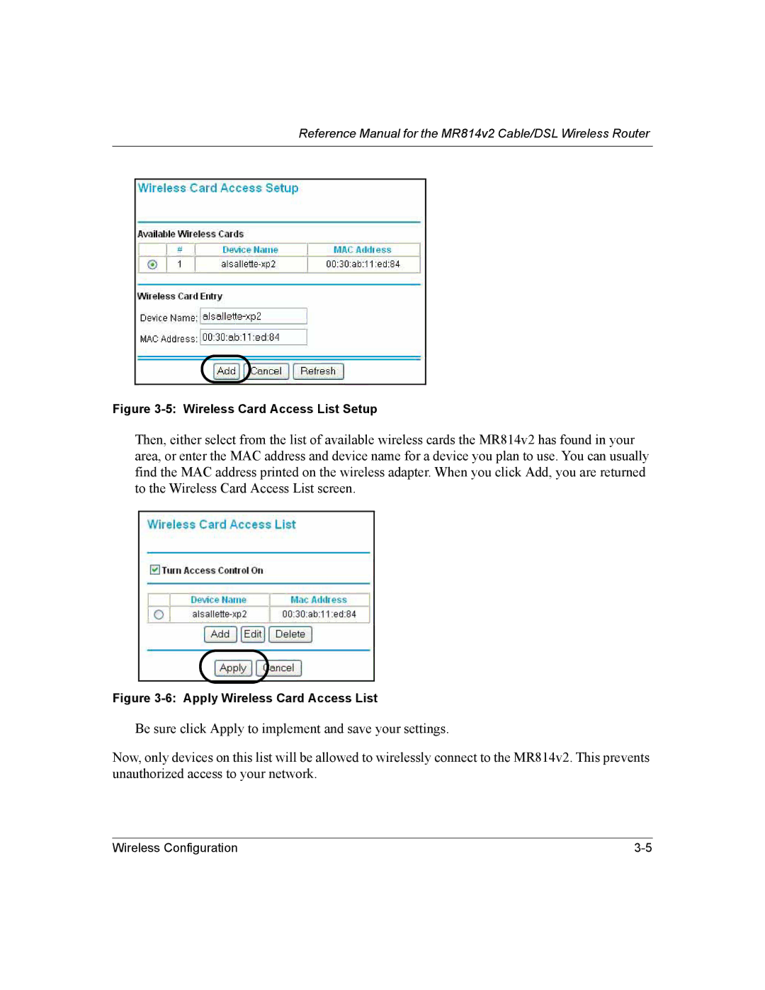 NETGEAR MR814v2 manual Wireless Card Access List Setup 