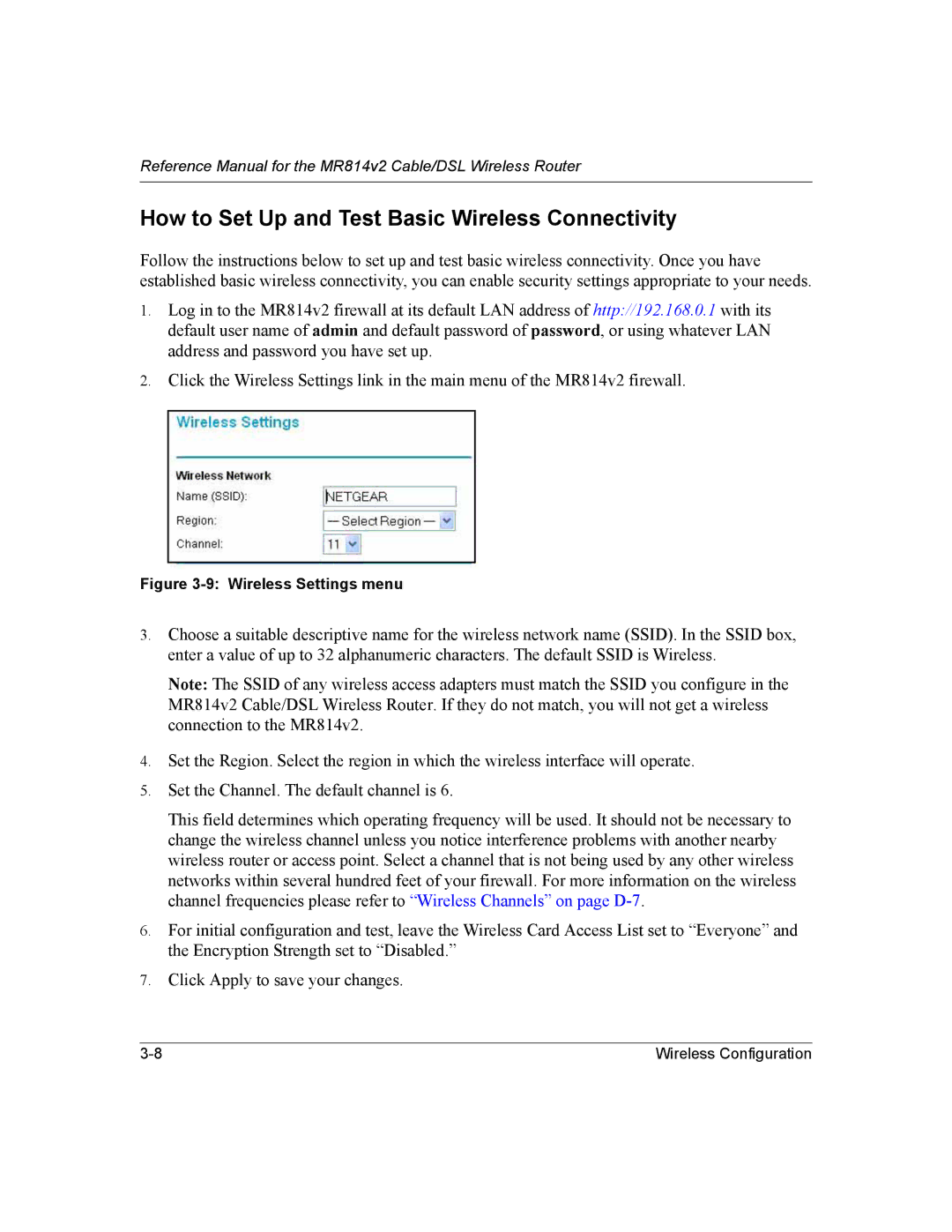 NETGEAR MR814v2 manual How to Set Up and Test Basic Wireless Connectivity, Wireless Settings menu 