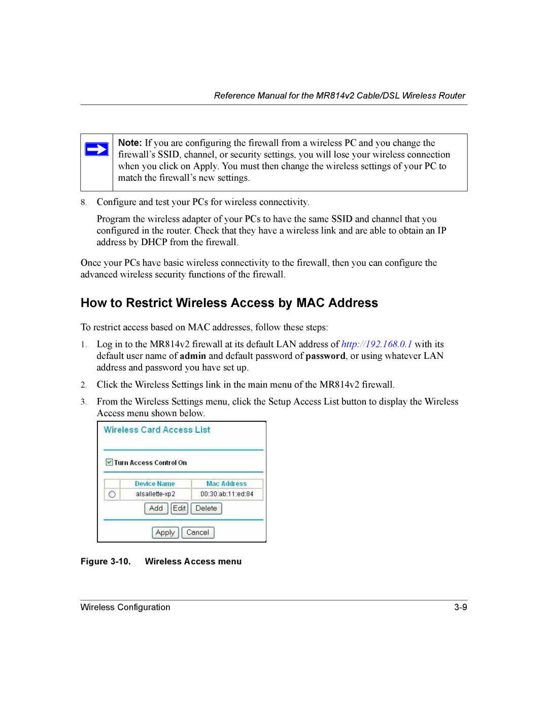 NETGEAR MR814v2 manual How to Restrict Wireless Access by MAC Address, Wireless Access menu 