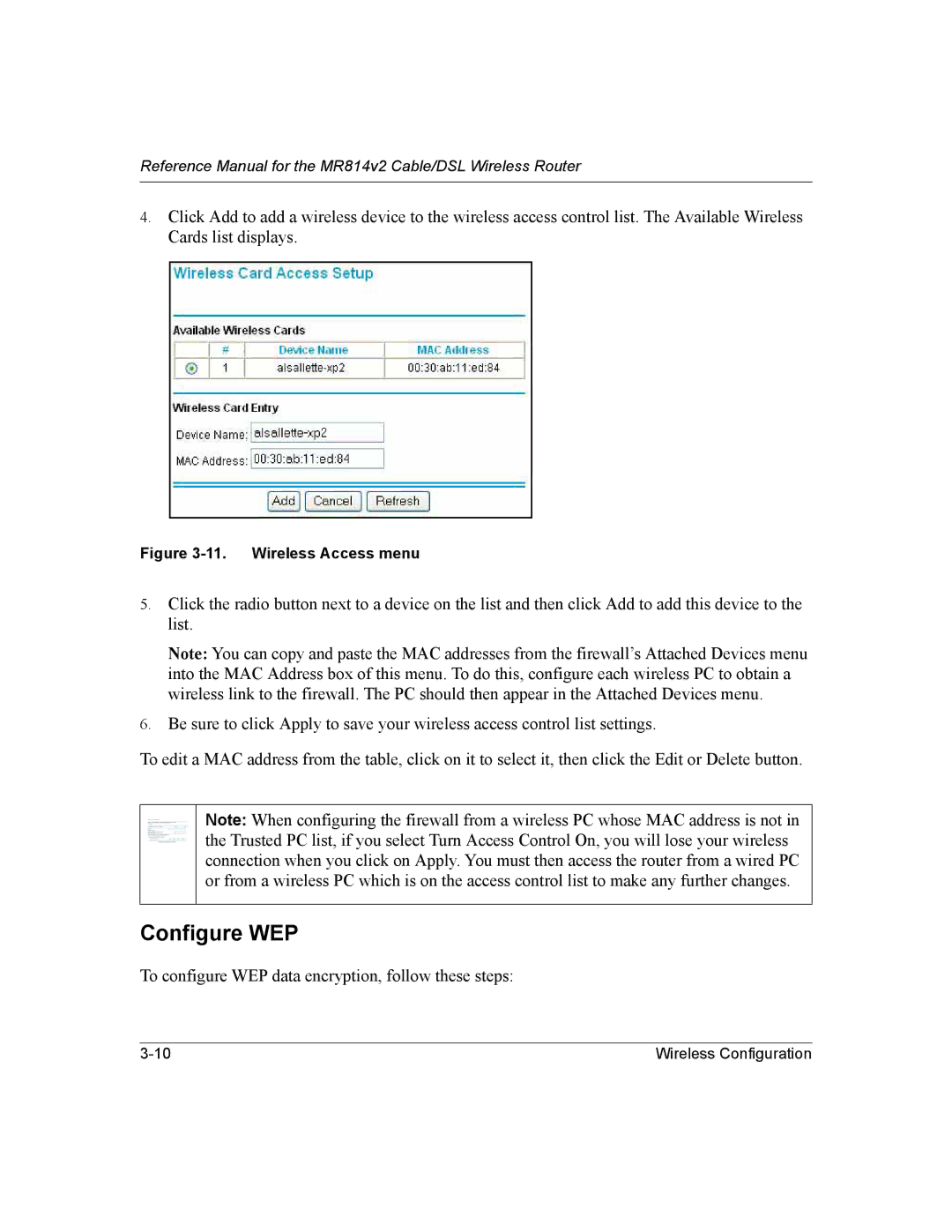 NETGEAR MR814v2 manual Configure WEP, Wireless Access menu 