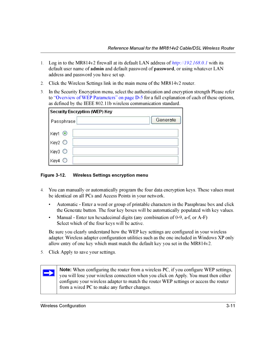 NETGEAR MR814v2 manual Wireless Settings encryption menu 