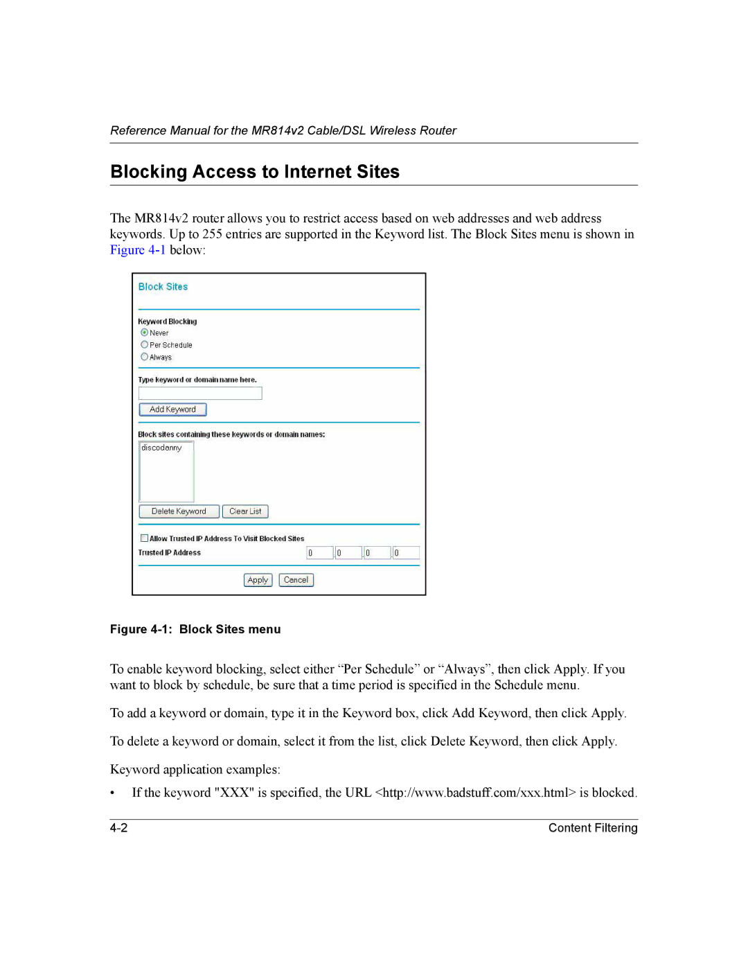 NETGEAR MR814v2 manual Blocking Access to Internet Sites, Block Sites menu 