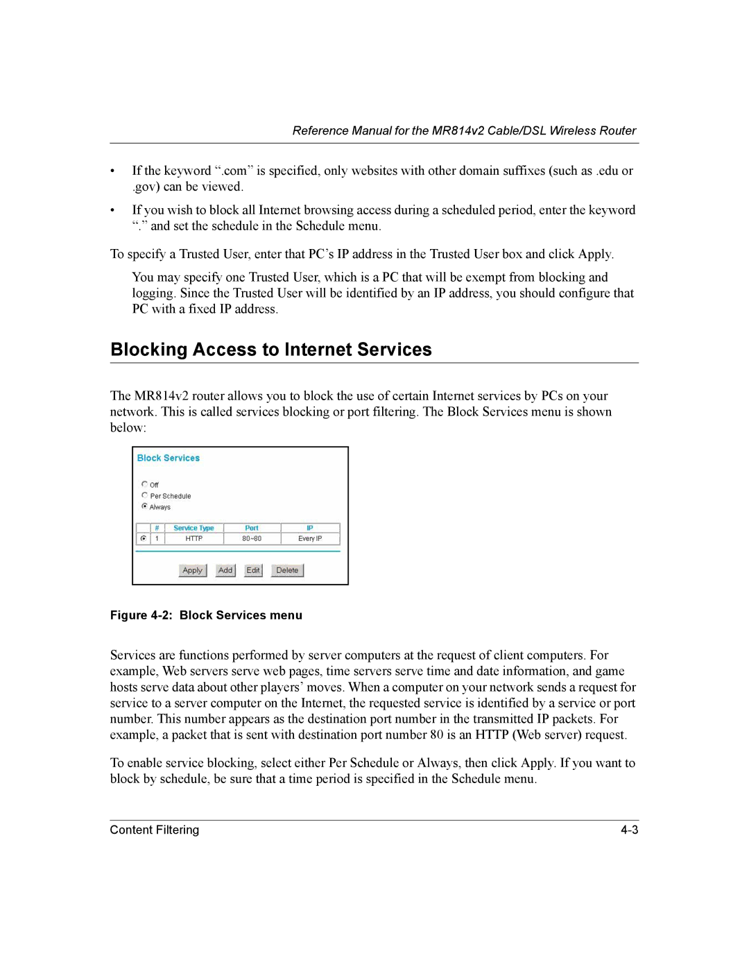 NETGEAR MR814v2 manual Blocking Access to Internet Services, Block Services menu 