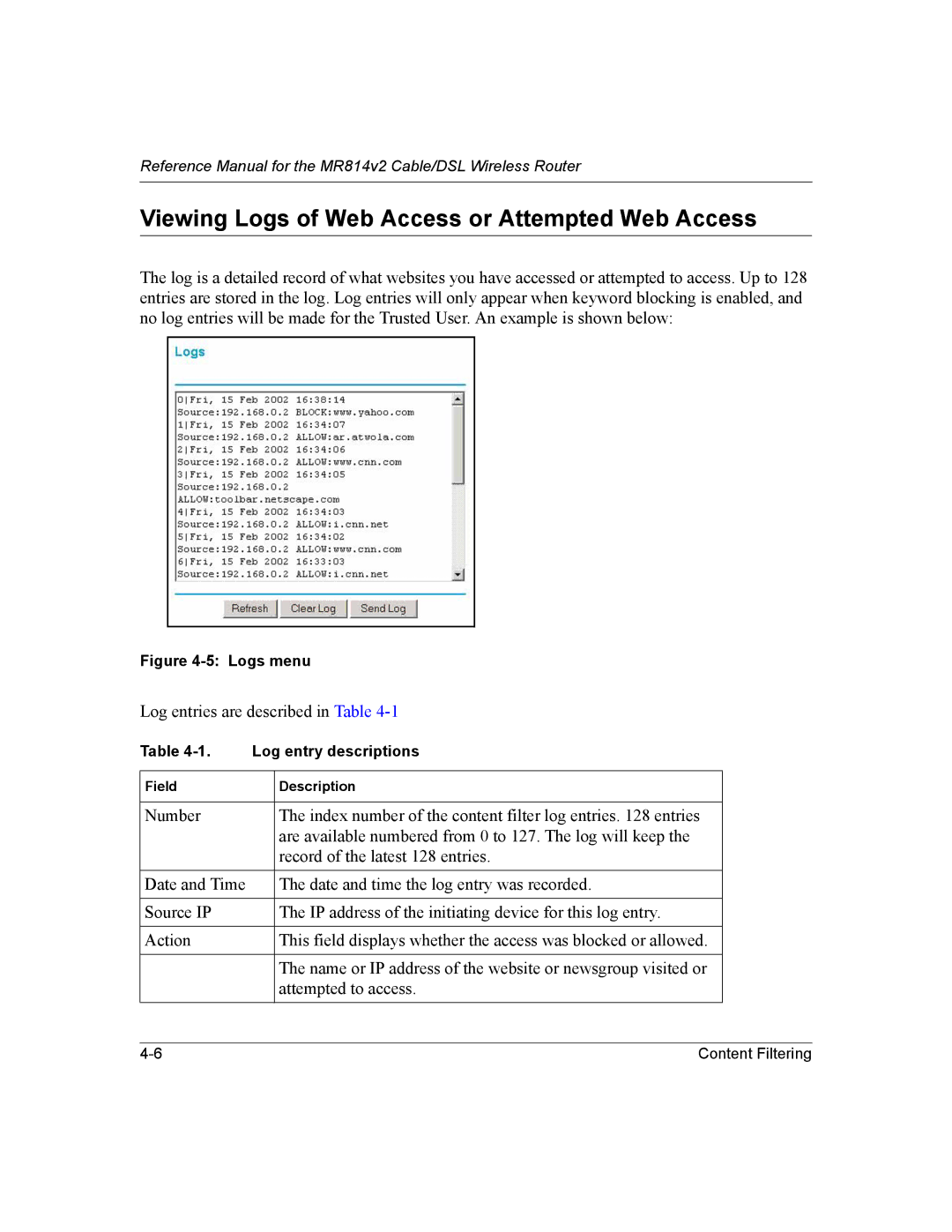 NETGEAR MR814v2 manual Viewing Logs of Web Access or Attempted Web Access, Logs menu 