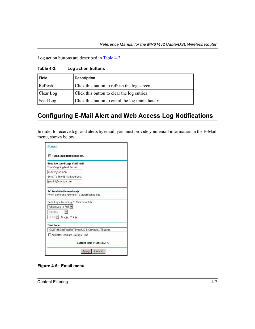 NETGEAR MR814v2 manual Configuring E-Mail Alert and Web Access Log Notifications, Email menu 