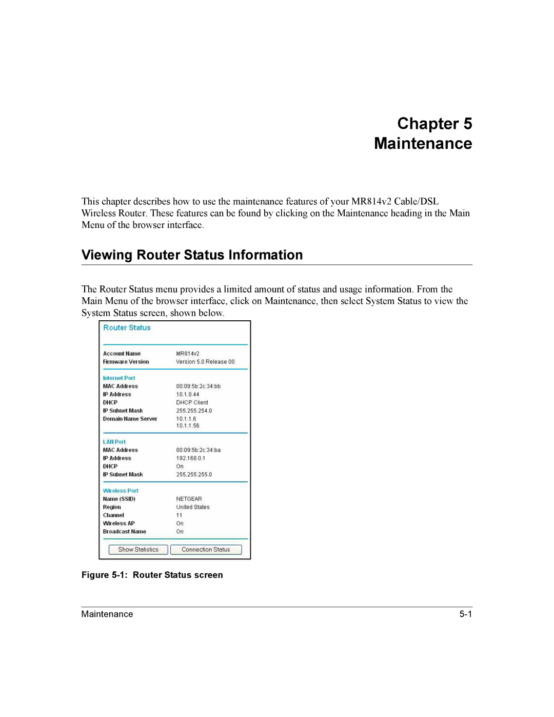 NETGEAR MR814v2 manual Chapter Maintenance, Viewing Router Status Information 