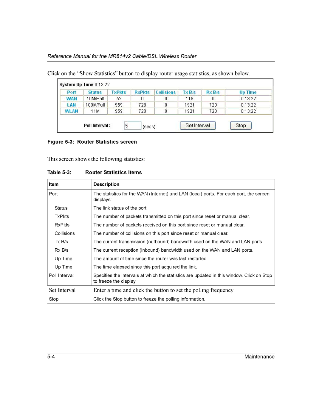 NETGEAR MR814v2 manual Router Statistics screen 