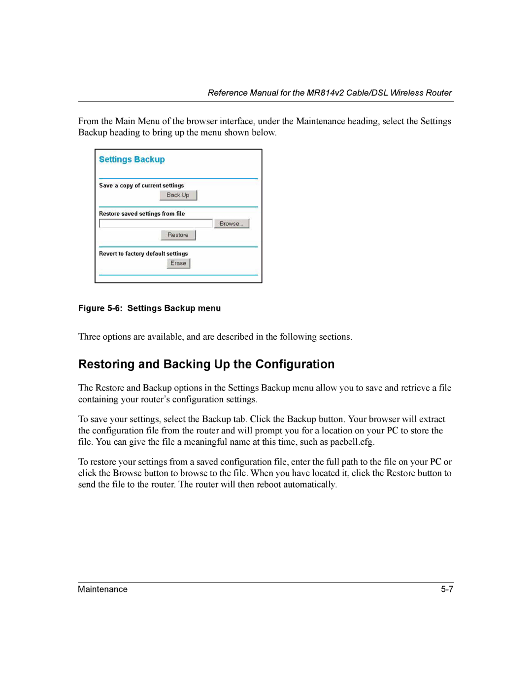 NETGEAR MR814v2 manual Restoring and Backing Up the Configuration, Settings Backup menu 