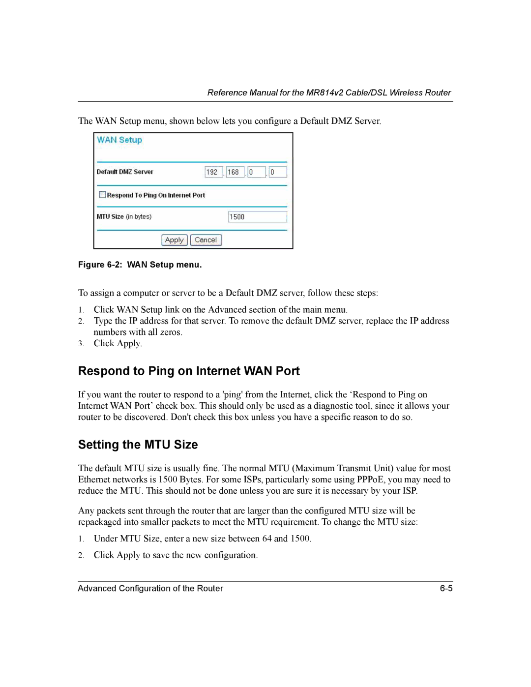 NETGEAR MR814v2 manual Respond to Ping on Internet WAN Port, Setting the MTU Size 