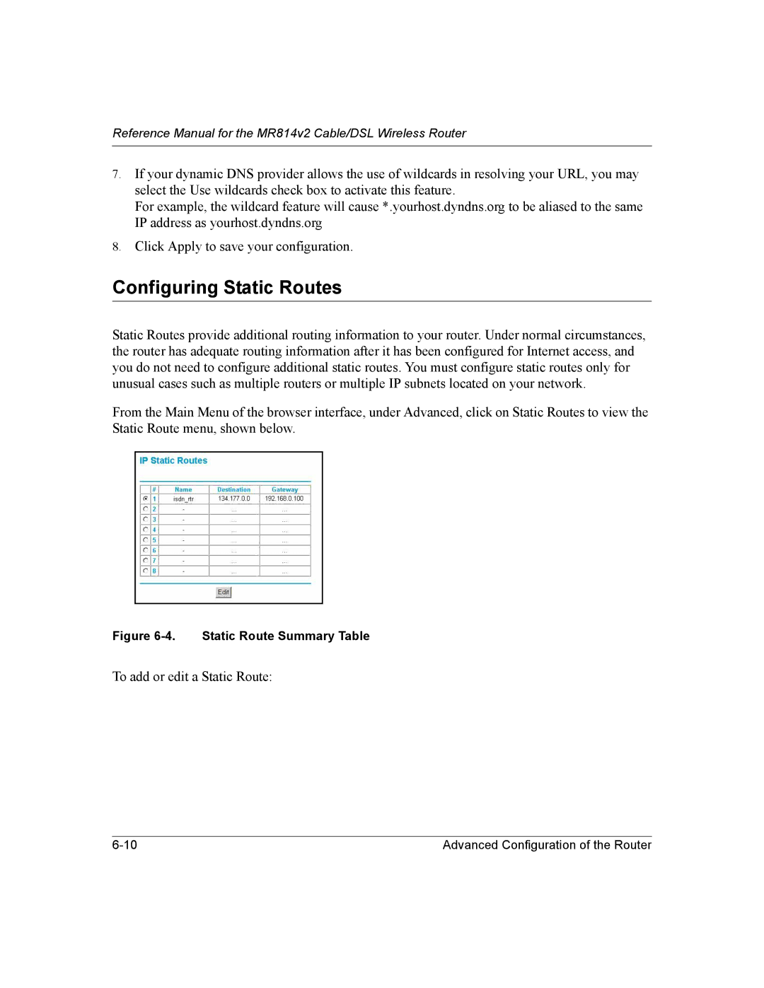 NETGEAR MR814v2 manual Configuring Static Routes, To add or edit a Static Route 