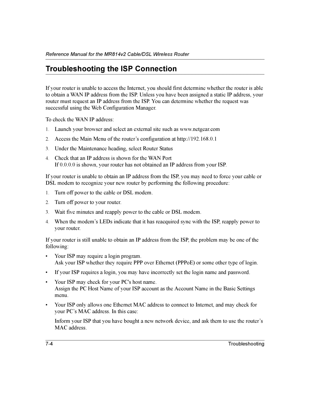 NETGEAR MR814v2 manual Troubleshooting the ISP Connection 