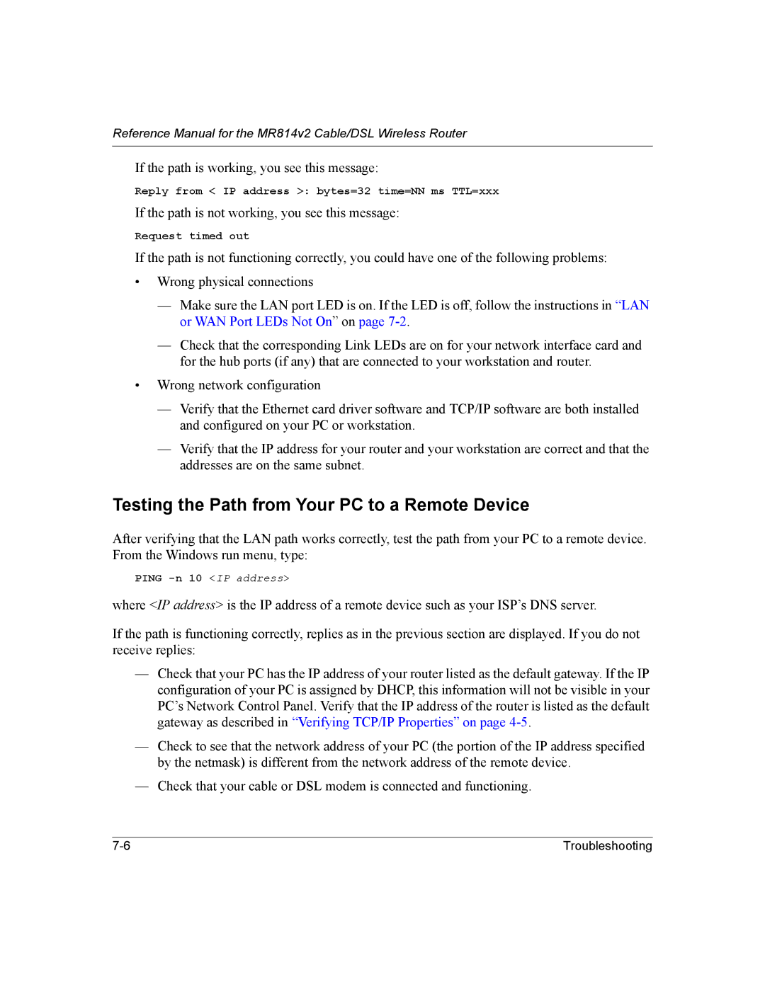 NETGEAR MR814v2 manual Testing the Path from Your PC to a Remote Device 