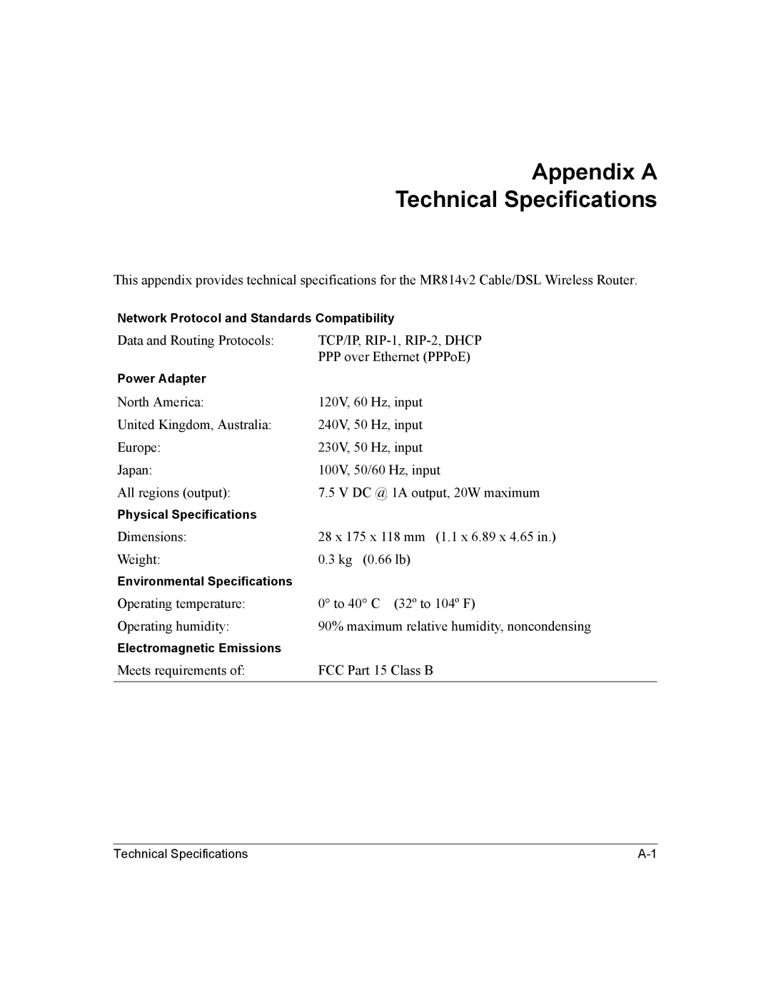 NETGEAR MR814v2 manual Appendix a Technical Specifications, TCP/IP, RIP-1, RIP-2, Dhcp 