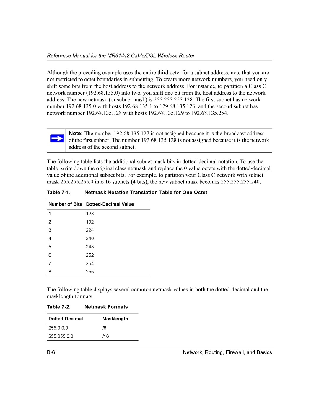 NETGEAR MR814v2 manual Netmask Notation Translation Table for One Octet 