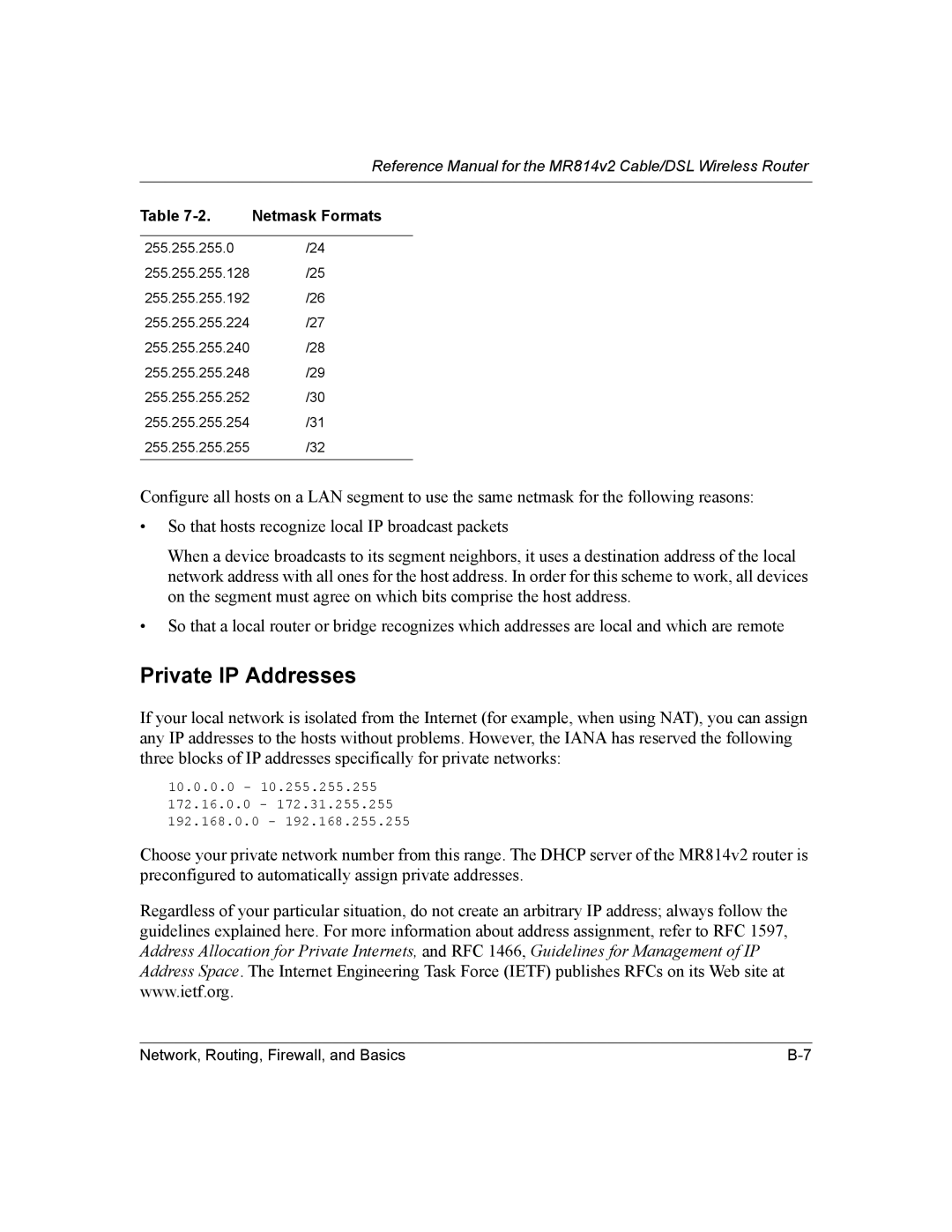 NETGEAR MR814v2 manual Private IP Addresses 