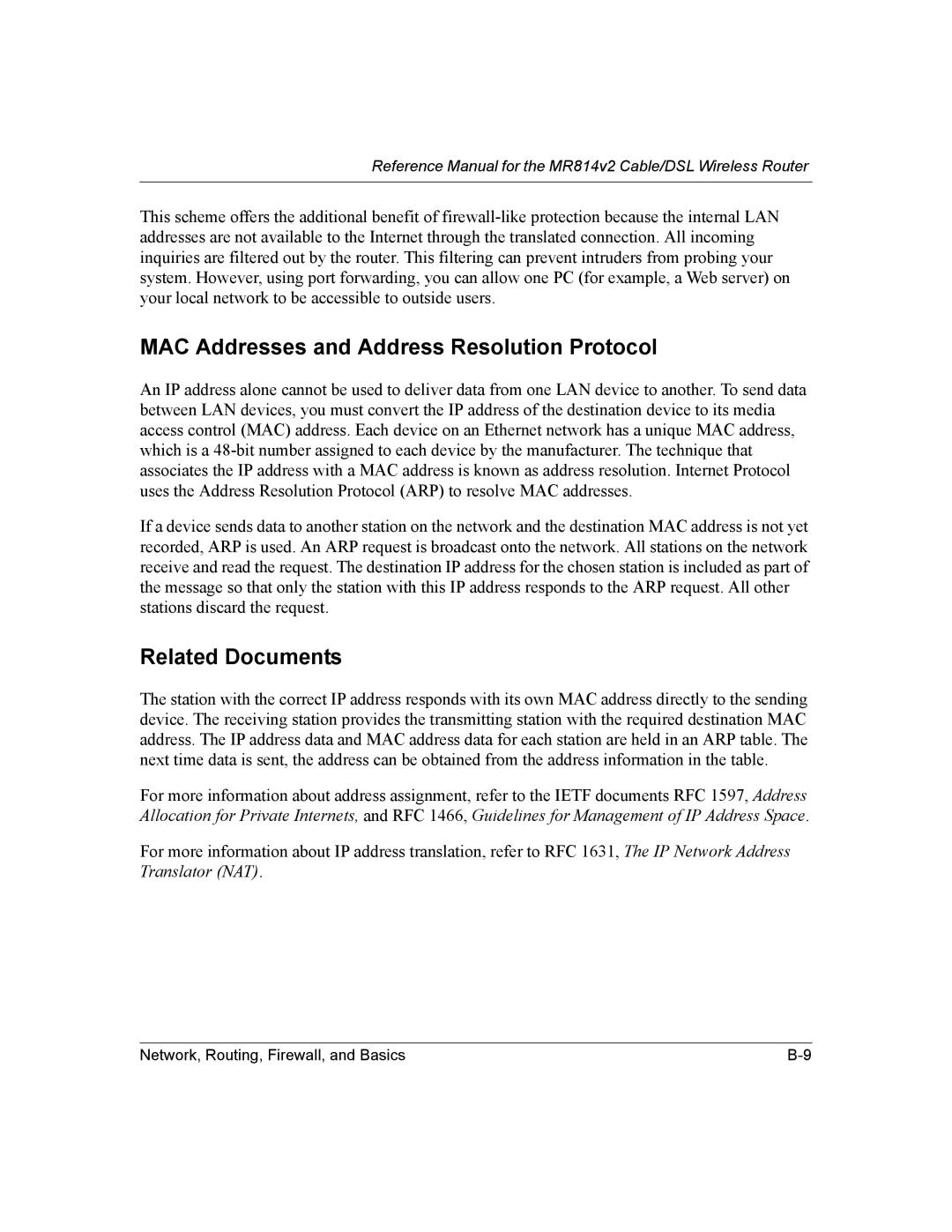 NETGEAR MR814v2 manual MAC Addresses and Address Resolution Protocol, Related Documents 