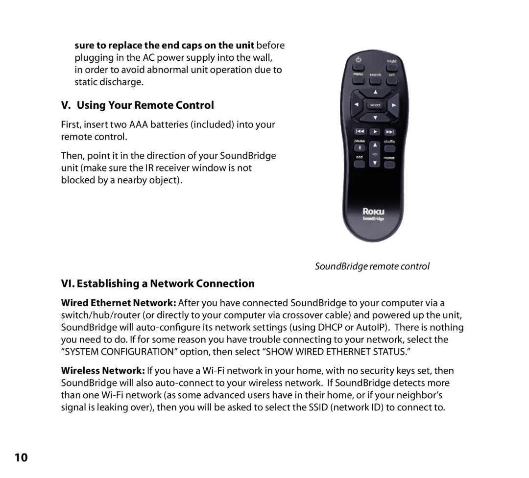 NETGEAR Music Player manual Using Your Remote Control, VI. Establishing a Network Connection 