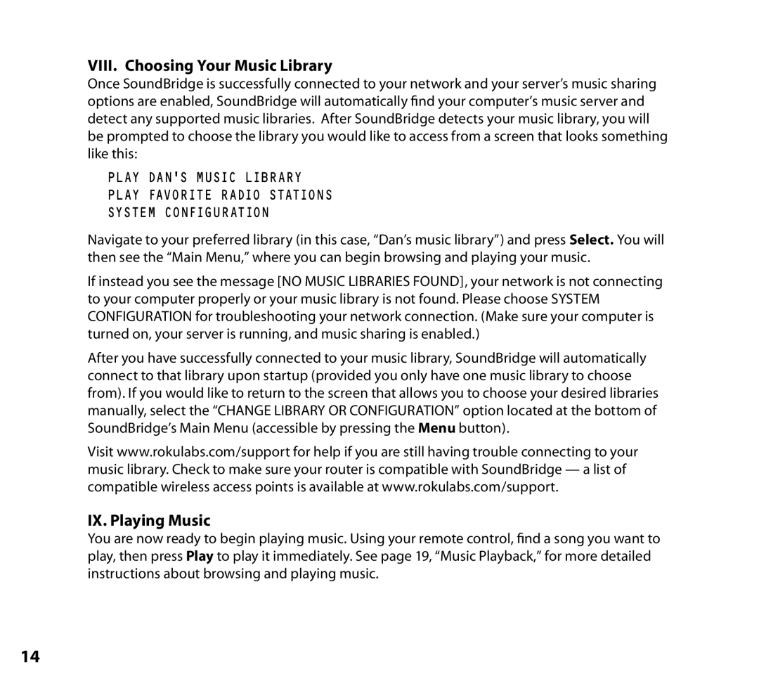 NETGEAR Music Player manual VIII. Choosing Your Music Library, IX. Playing Music 