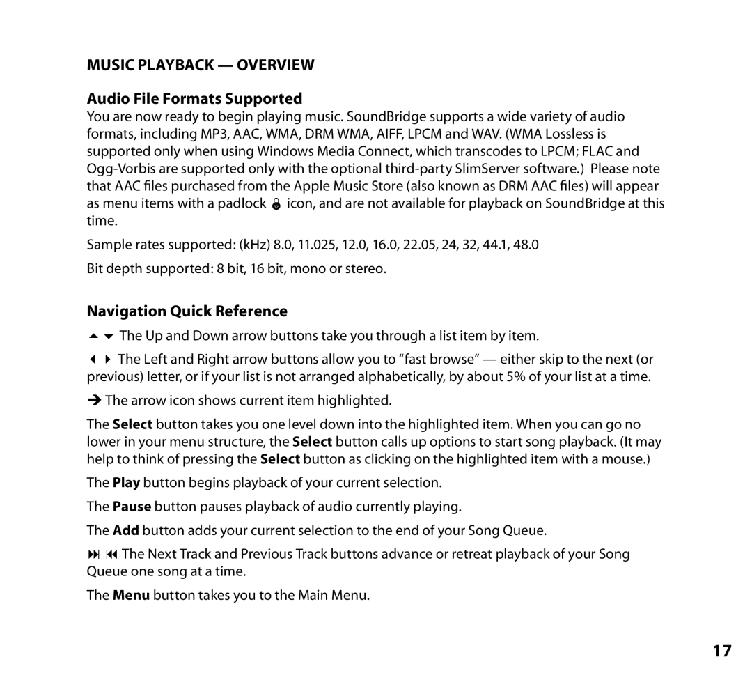 NETGEAR Music Player manual Music Playback Overview, Audio File Formats Supported, Navigation Quick Reference 