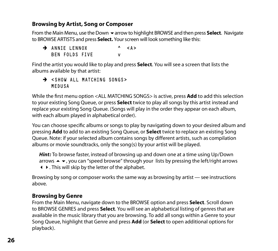 NETGEAR Music Player manual Browsing by Artist, Song or Composer, Browsing by Genre 